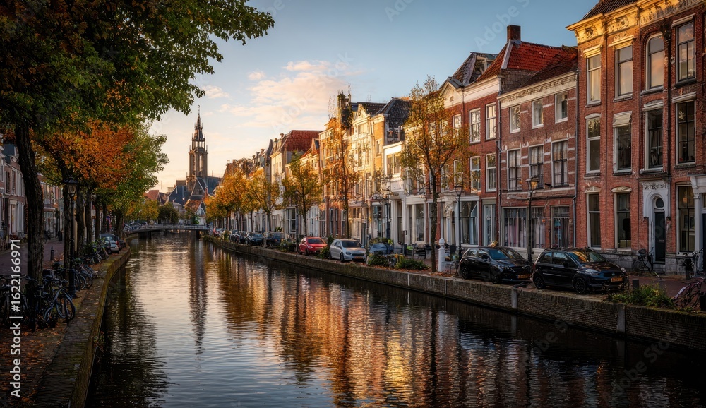 Obraz premium Autumn canal scene, Dutch town