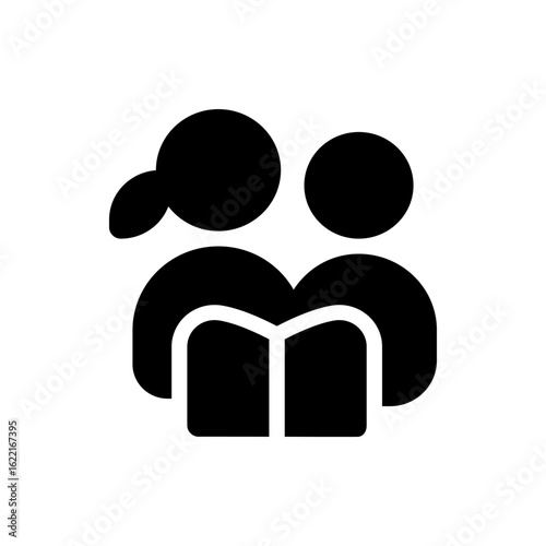 Silhouette of two people reading a book together with simple shapes representing their heads and shoulders