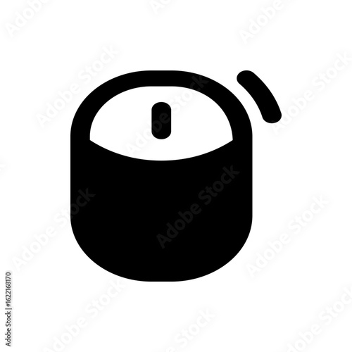 A simple black and white illustration of a round knob with an indicator line showing its position point