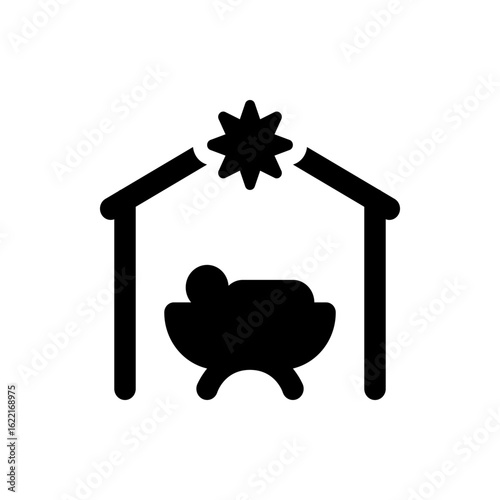 Silhouette of a nativity scene with baby jesus in a manger under a star and a simple stable roof design