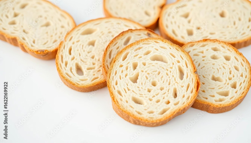 Fototapeta premium Close-up of several slices of bread on a pristine white background, white bread, bakery