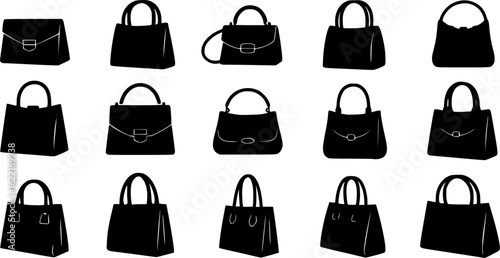 Womens handbag silhouettes. Female accessories different forms and shapes, casual shopper, fashion clutch, contemporary bag, luxury shopping icons collection logo design vector flat isolated set