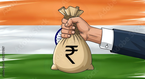 Hand holding a money bag with rupee symbol in front of the indian flag illustration art work