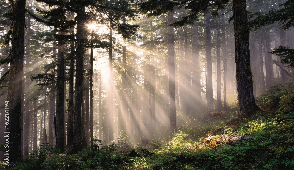 Fototapeta premium Sunlight streams through a misty forest