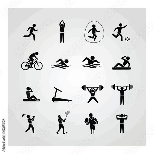 Art of collection of diverse sport and fitness icons representing various physical activities and healthy lifestyle choices isolated on white background