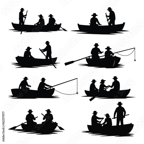 Art of silhouettes of people fishing in boats on the water, capturing various poses and group dynamics in a classic outdoor activity