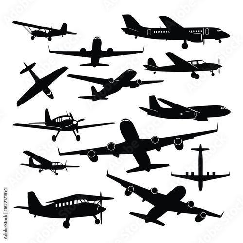 Art of collection of diverse aircraft silhouettes isolated on white background, showcasing various airplane types and aviation history