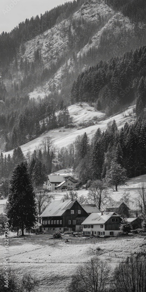 Obraz premium Snow-covered village nestled in a mountain valley