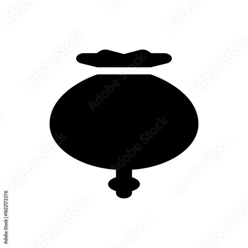 Illustration of a stylized black poppy seed pod with a distinctive crown and a small bulb at the base