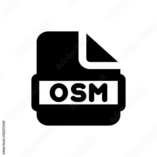 Black file icon with osm text indicating openstreetmap data format for geospatial information and mapping files