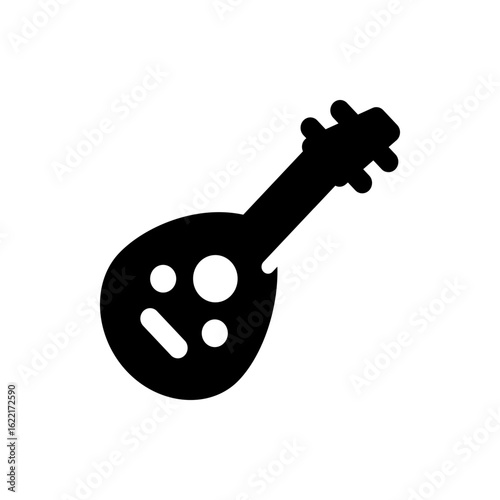 Illustration of a black stringed instrument with a rounded body neck and tuning pegs on a white background