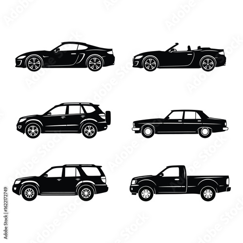 Art of collection of diverse car silhouettes including a coupe, convertible, suv, sedan, and pickup truck, isolated on a white background