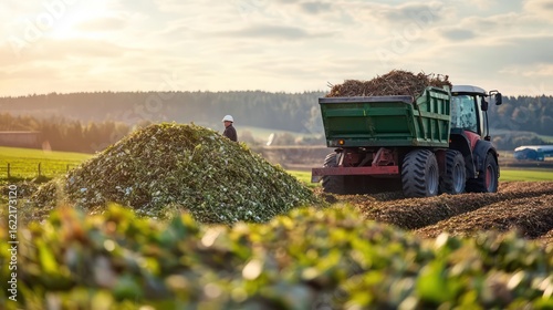 A farmer transporting organic waste to a biomass facility, highlighting the recycling process for energy production