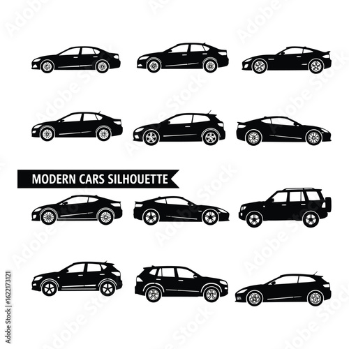 Art of collection of modern car silhouettes isolated on white background, showcasing diverse automotive designs and styles