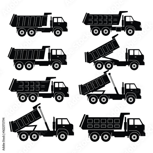 Art of collection of dump trucks in various positions, isolated on white background