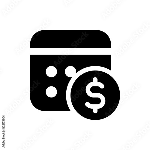 Black calendar icon with white circles and a dollar coin symbol placed on the right side of the calendar