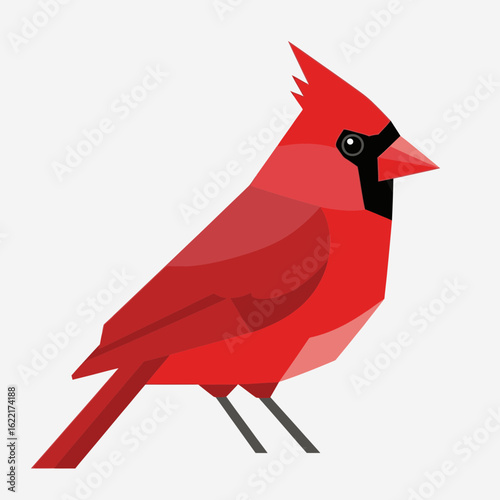 Red bird illustration with geometric shapes on a white background.