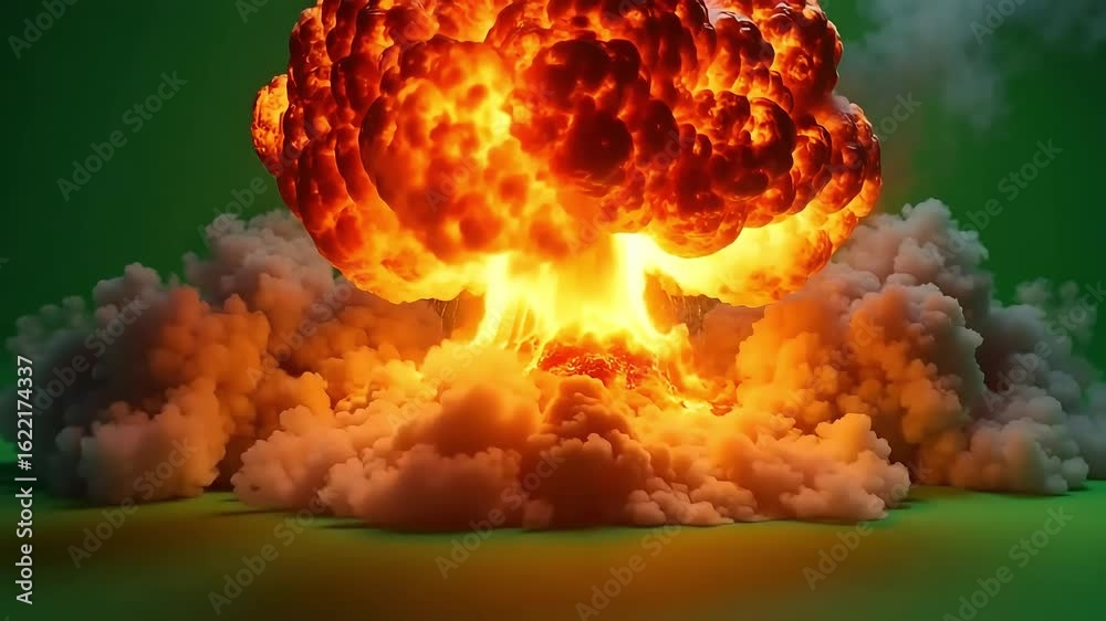 Dynamic nuclear explosion with towering mushroom cloud against green screen for VFX compositing