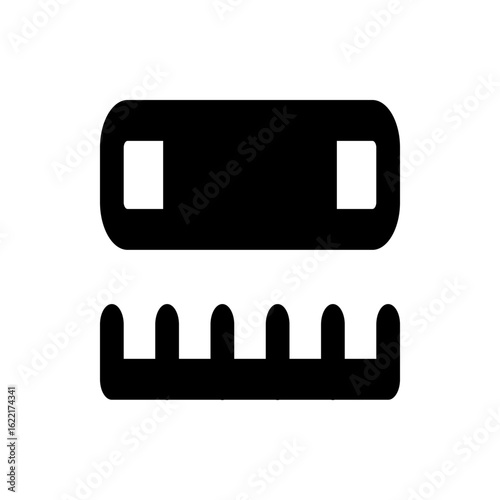 Black harmonica illustration featuring a rectangular top with square cutouts and comb like bottom design