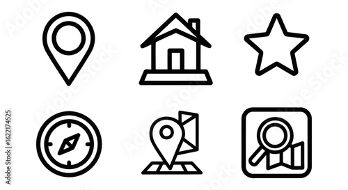 Modern Bold Line Icons: Location, Home, Star, Compass, Map, Search;  Navigation and Real Estate App UI Elements.