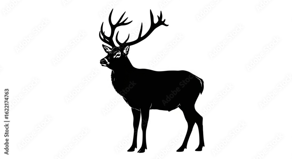 Obraz premium Silhouette of a standing deer with antlers isolated on white background, vector