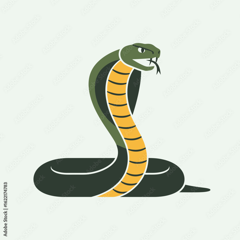 Fototapeta premium Cartoon cobra snake with raised hood and forked tongue on a light background.