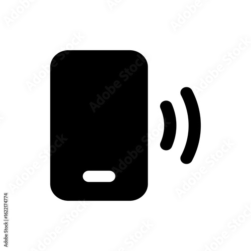 Black smartphone with rounded corners and two curved signal waves emanating from the right side of the device