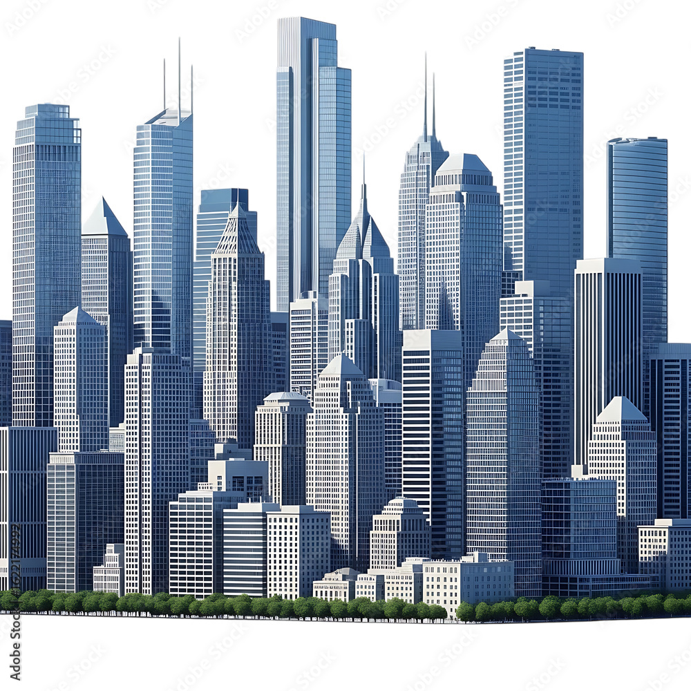 Fototapeta premium Modern city skyline with tall skyscrapers isolated on transparent background