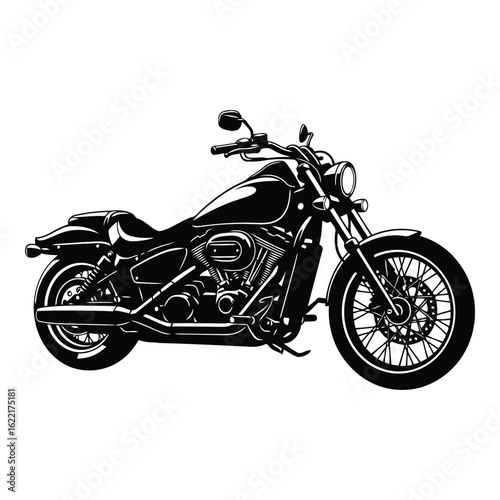 Art of classic black cruiser motorcycle isolated on white background, showcasing its powerful engine and stylish design