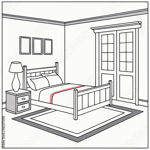 Bedroom Interior with Bed and Furniture: An elegant illustration of a serene bedroom setting, featuring a comfortable bed, bedside table, artwork, and a large window.
