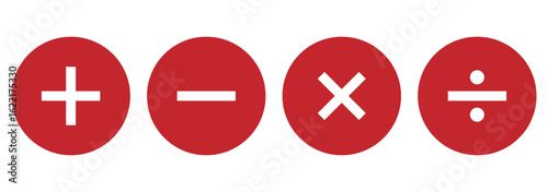 Four basic mathematical operation symbols plus minus multiply and divide.  Addition, subtraction, multiplication, division sign, icon symbol. eps 10