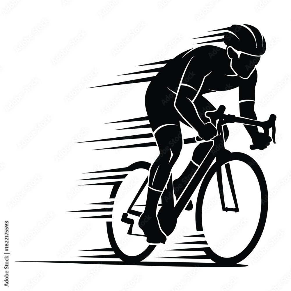Naklejka premium Art of silhouette of a cyclist in motion, isolated on white background, conveying speed and athletic performance