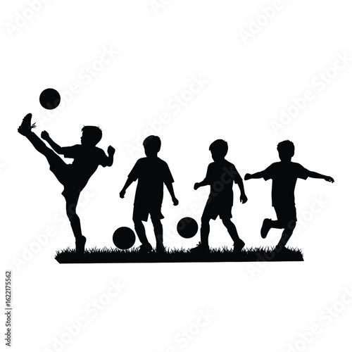 Art of silhouette of young boys playing soccer with a ball, showcasing active childhood and sportsmanship on a white background