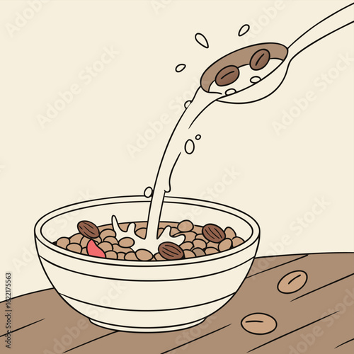 Breakfast Cereal Delight: A detailed illustration captures a cheerful bowl of breakfast cereal being enhanced with a delightful stream of milk and a spoonful of coffee beans.