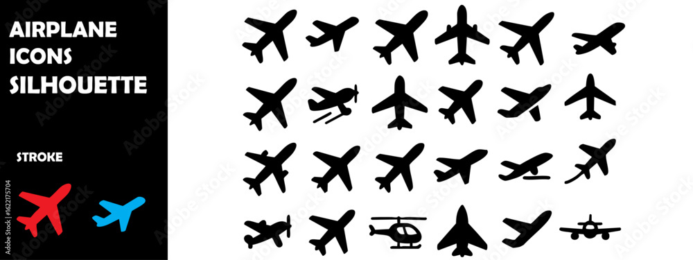 Fototapeta premium Airplane Icon Silhouette Vector Set – Travel, Flight & Aviation Journey Symbols