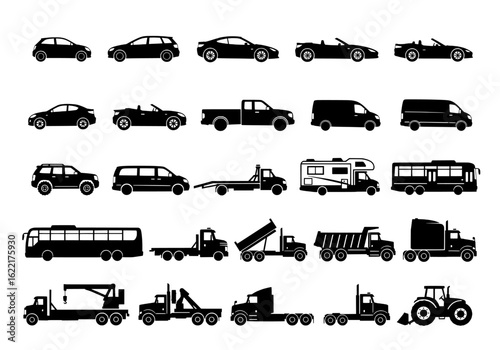 set of cars silhouettes, A collection of various vehicle silhouettes including cars, trucks, and buses on a white background