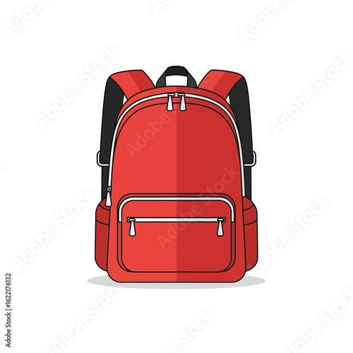 Bright red backpack with multiple pockets and straps