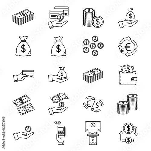 A collection of line art icons depicting various financial and monetary transactions and items