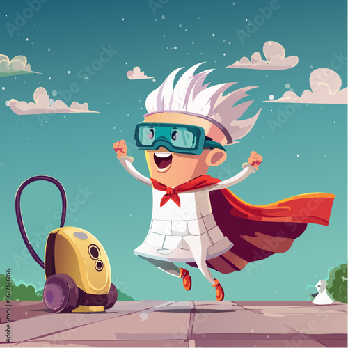 A stunned cartoon superhero in a toilet paper cape watches a vacuum cleaner do a tap dance.