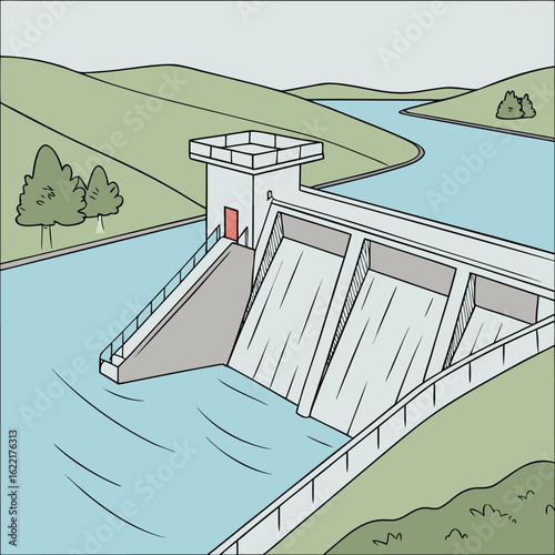 Hydroelectric Dam Illustration: An illustrative depiction of a hydroelectric dam, showcasing the essential structures and the flow of water through its system.