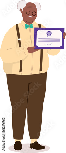 One Plus Size Black Elderly Man Standing And Showing His Certificate.