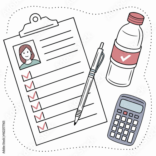 Clipboard essentials: A neatly arranged illustration featuring a clipboard with a woman's photo and checklist, pen, water bottle, and calculator, representing healthcare, appointments, or planning.