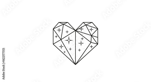 Faceted diamond heart with sparkles in black line art style