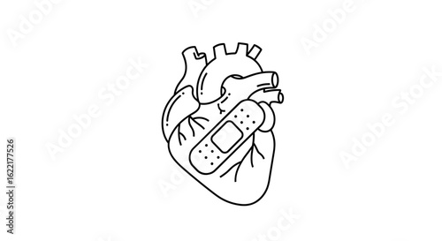 Anatomical heart with bandage icon in black line art style