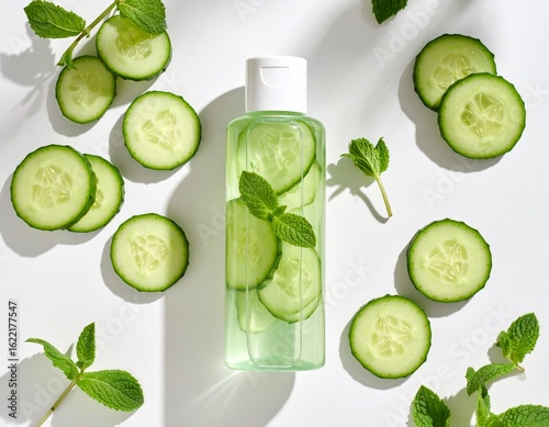 Green cucumber and mint infused skincare bottle on pure white background with soft