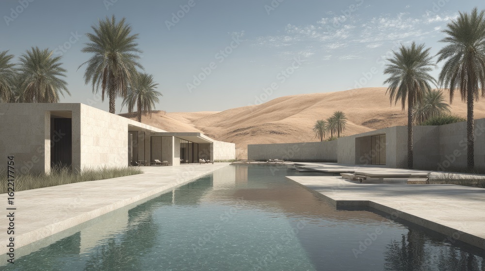 Fototapeta premium Modern oasis resort in desert landscape