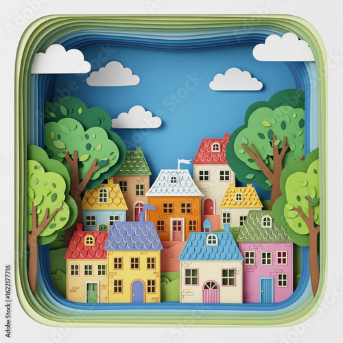 Colorful small town village houses with trees clouds and blue sky paper cut style illustration background design concept for real estate and community living