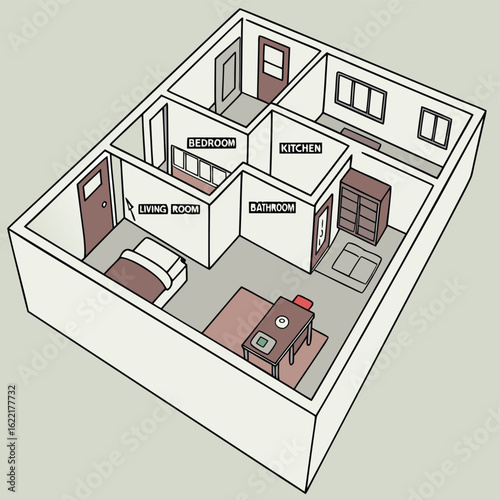 Cozy Home: The blueprint shows the house has various rooms, each equipped for living and leisure activities. These rooms include a bedroom, kitchen, and living room