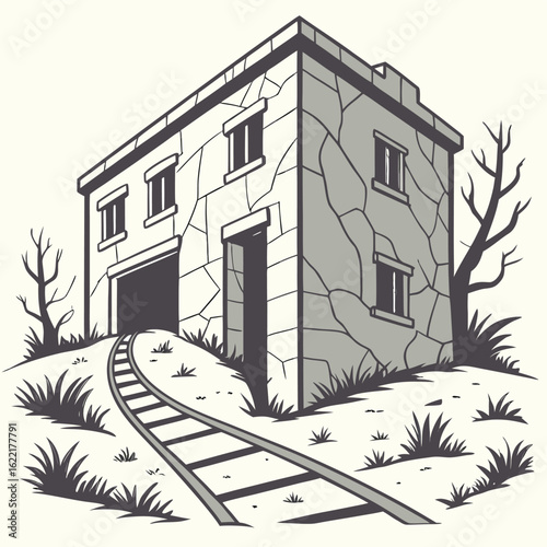 Warehouse and Railway Illustration: A stylized illustration of a warehouse or industrial structure, situated on a gentle slope, featuring a prominent railway track leading toward a cavernous entrance.