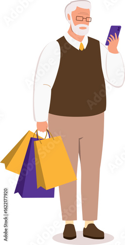 One Elderly Man With Shopping Bags Looking At His Handphone.